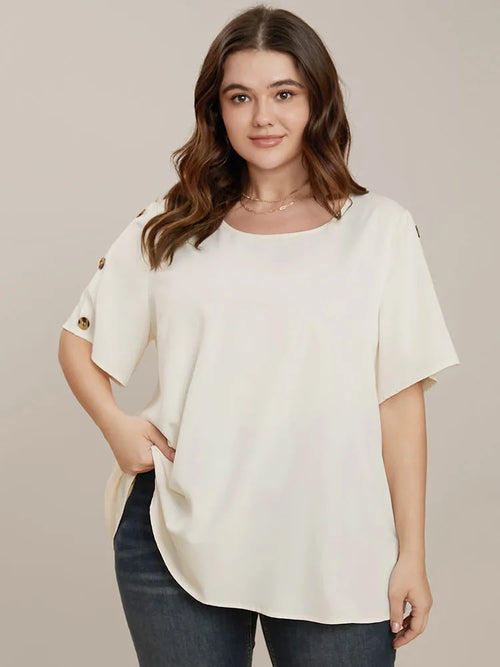 Plain Round Neck Button Detail Blouse