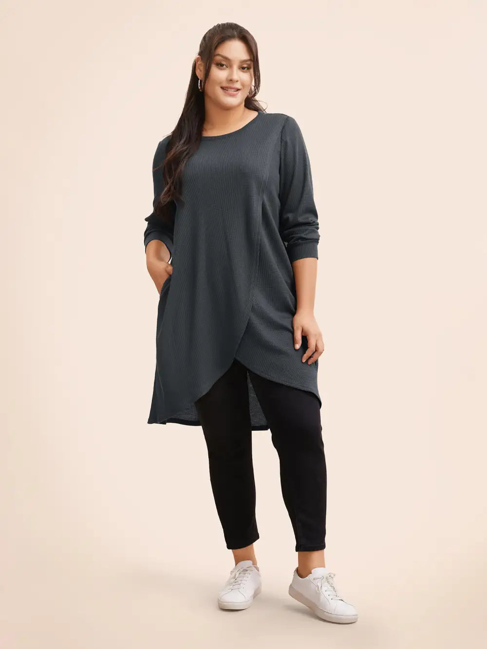 Solid Waffle Knit Overlap Hem T-Shirt