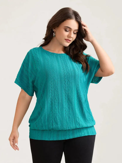 Eyelet Trim Stretchy Textured Plain Top