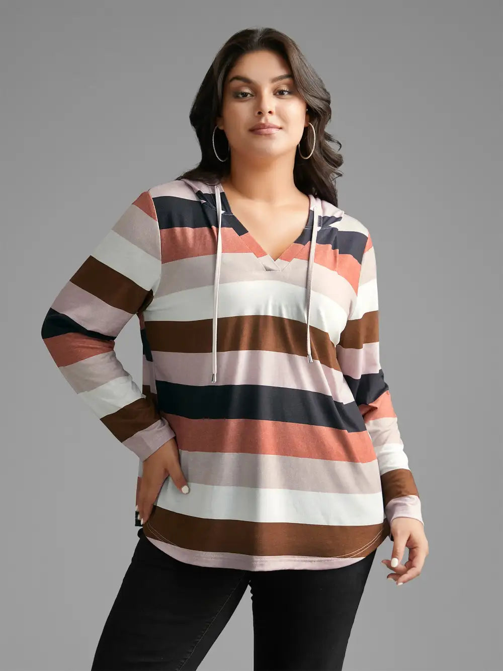 Contrast Striped Hooded Drawstring T-Shirt