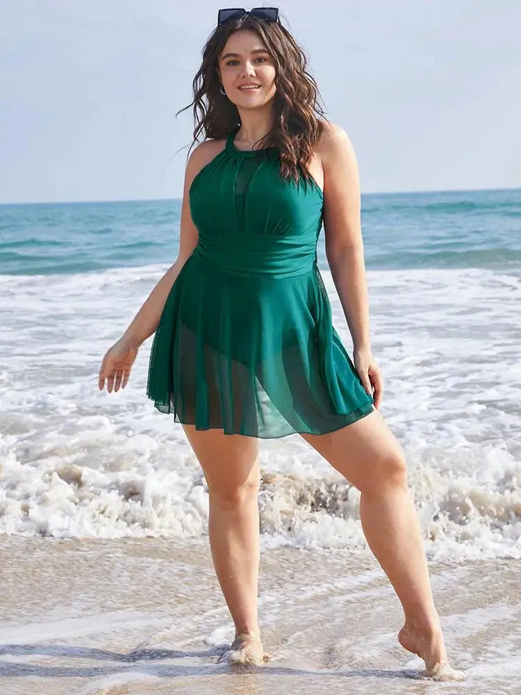 Knotted Back Mesh Insert Halter Swim Dress