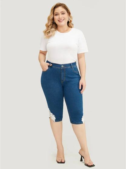 Very Stretchy High Rise Medium Wash Guipure Lace Knee Denim Shorts