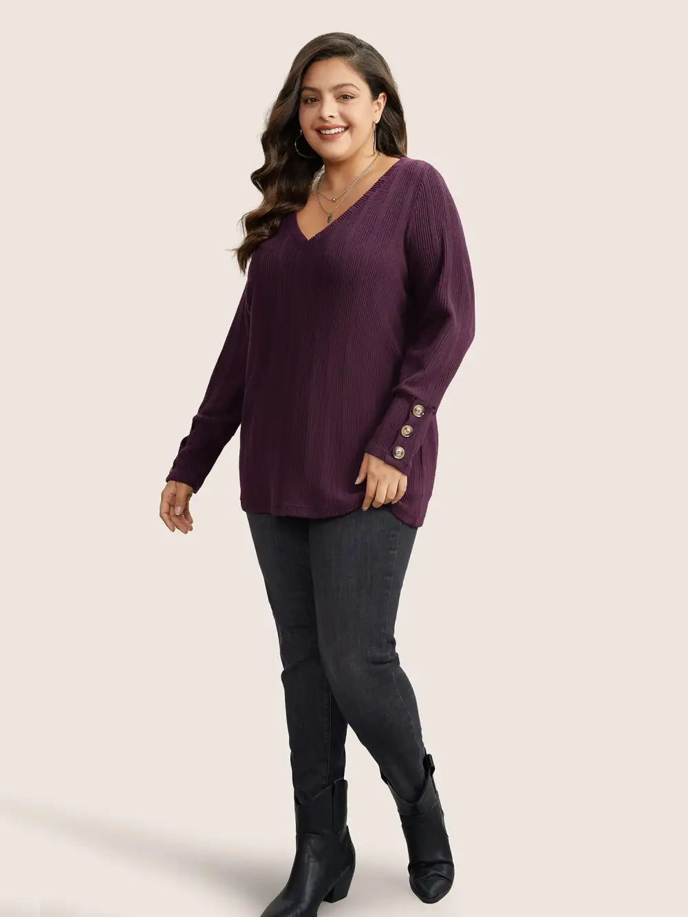 Rib Knit V Neck Button Detail T-Shirt