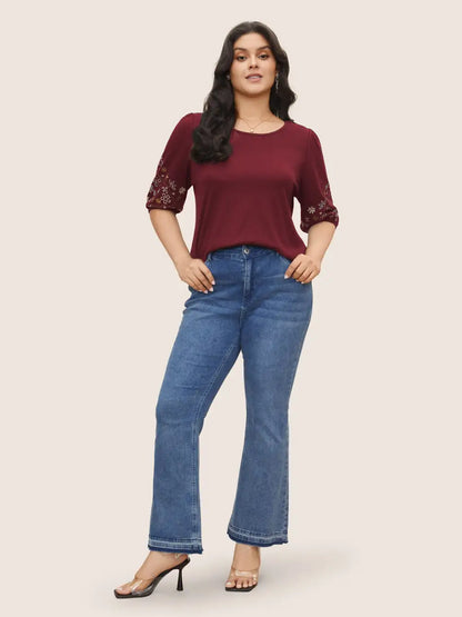 Floral Embroidered Crew Neck Puff Sleeve T-Shirt