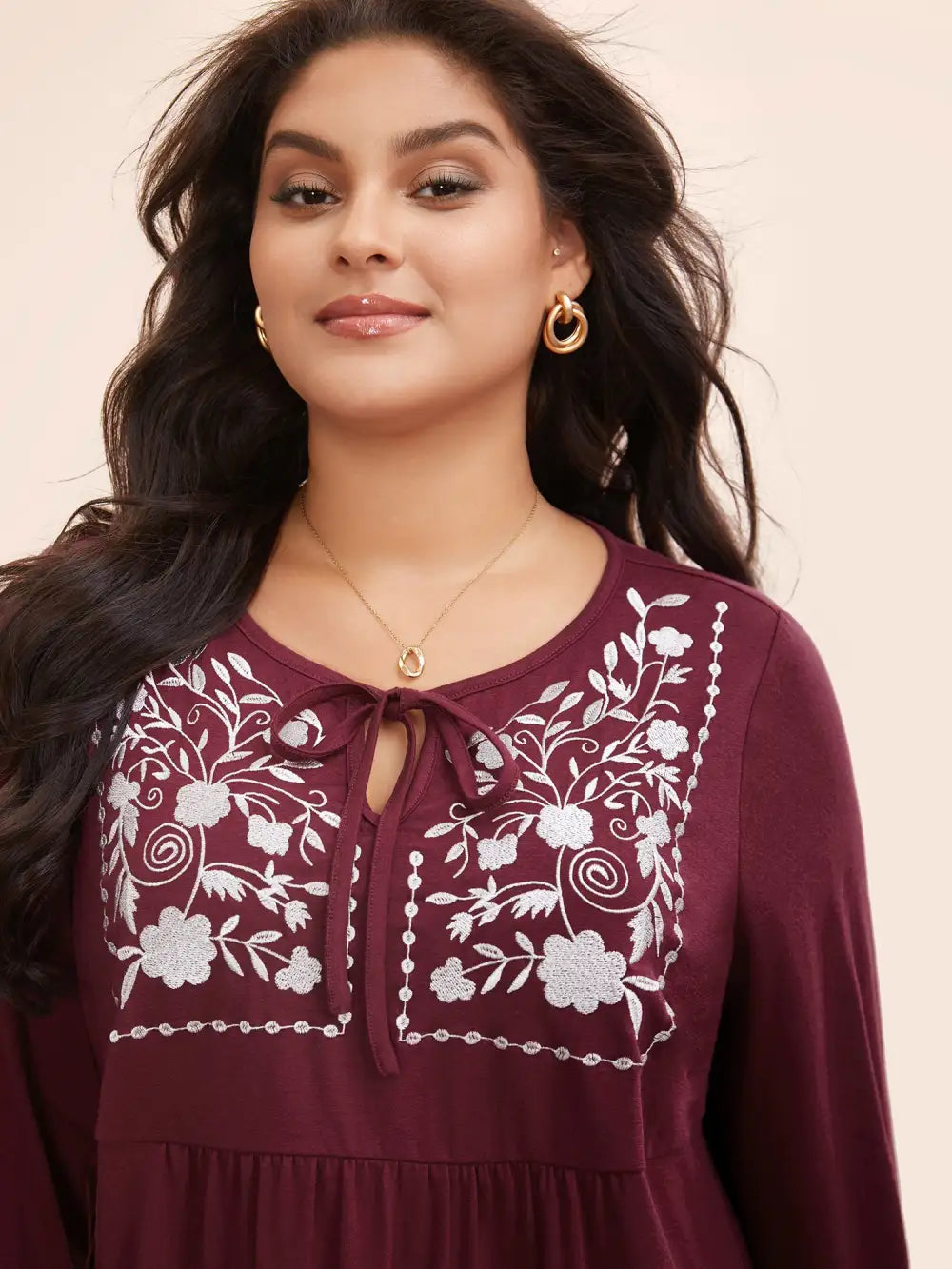 Floral Embroidered Knot Neck Lantern Sleeve T-Shirt