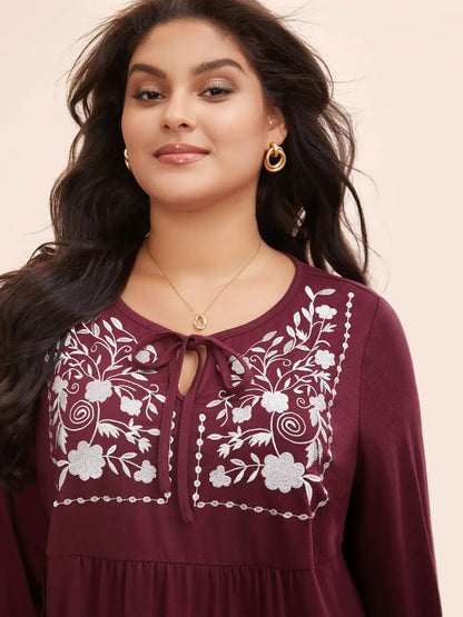 Floral Embroidered Knot Neck Lantern Sleeve T-Shirt