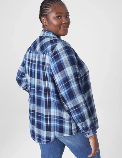 Relaxed Button-Front Plaid Boyfriend Shirt