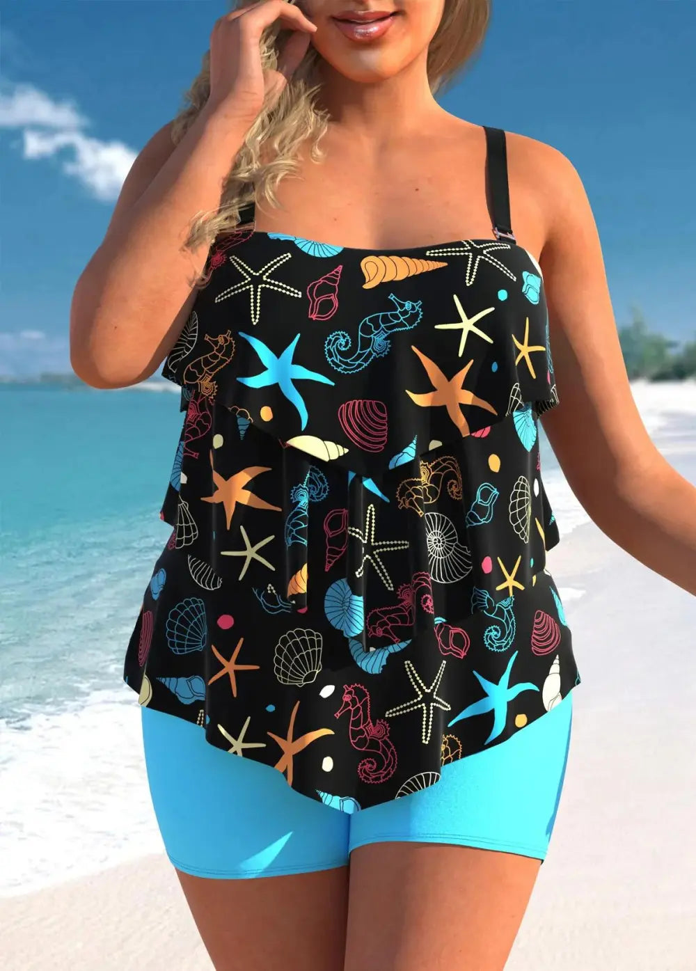 Marine Life Print Plus Size Layered Hem Tankini Set
