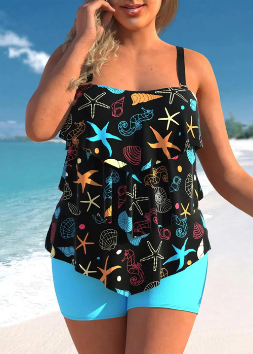Marine Life Print Plus Size Layered Hem Tankini Set