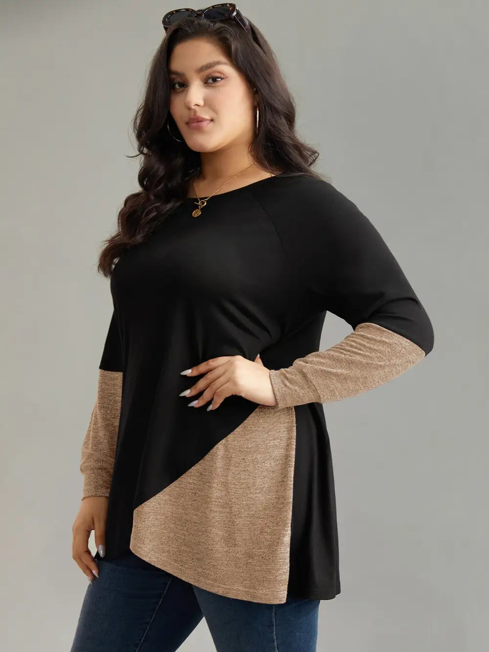 Two Tone Patchwork Heather Arc Hem T-Shirt