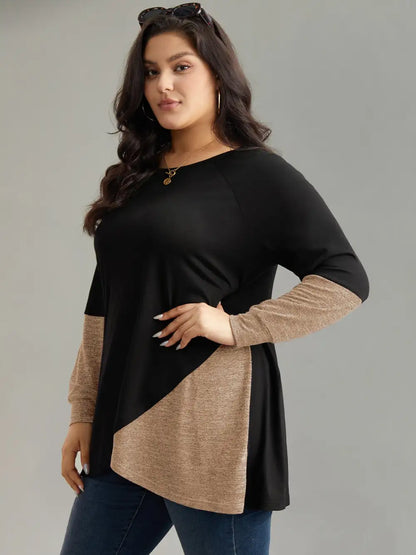 Two Tone Patchwork Heather Arc Hem T-Shirt