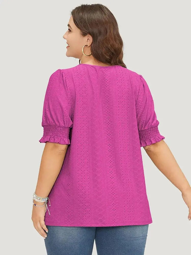 Plain Broderie Anglaise Shirred Puff Sleeve Button Detail T-shirt
