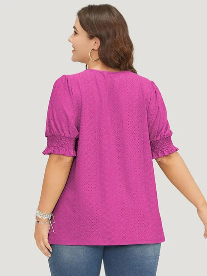 Plain Broderie Anglaise Shirred Puff Sleeve Button Detail T-shirt