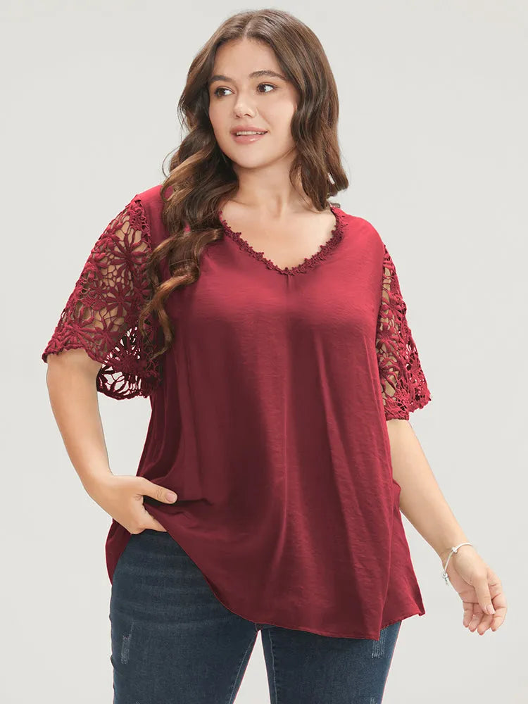 Plain V Neck Floral Patchwork Blouse