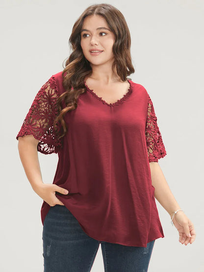Plain V Neck Floral Patchwork Blouse