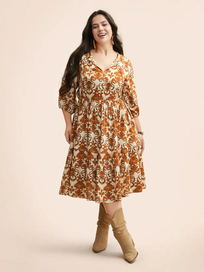 Boho Print Tie Knot Puff Sleeve Dress