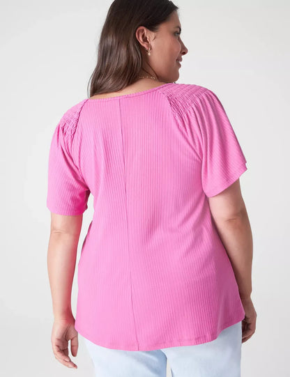 Flutter-Sleeve Smocked Rib Tee