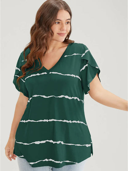 Striped Contrast Petal Sleeve T-shirt