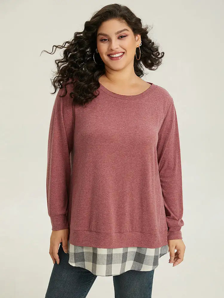 Heather Plaid Patchwork Crew Neck T-Shirt