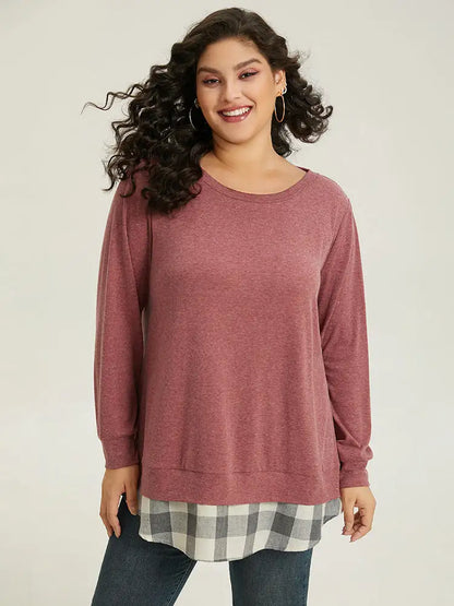 Heather Plaid Patchwork Crew Neck T-Shirt