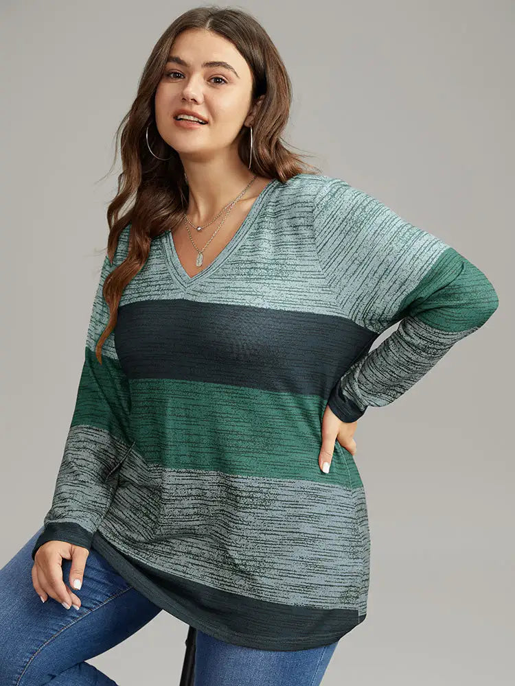 Striped Colorblock Contrast V Neck T-Shirt