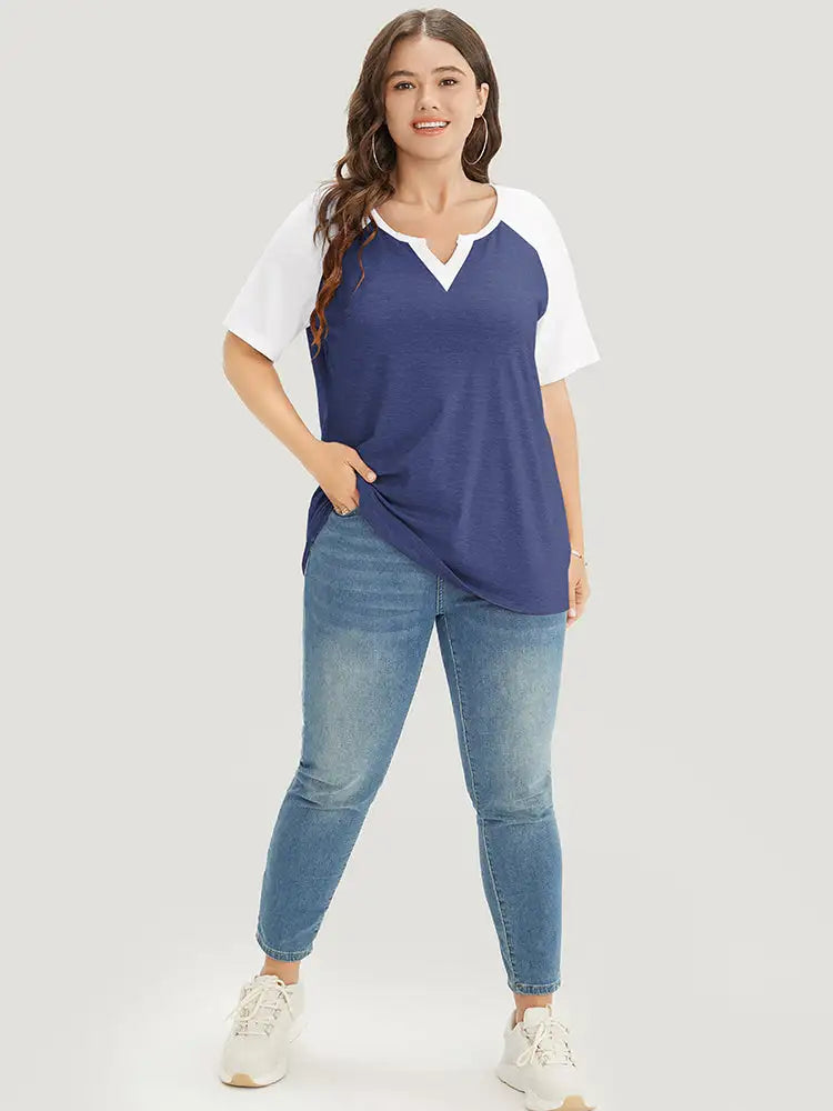 Colorblock Contrast Notched Raglan Sleeve T-shirt