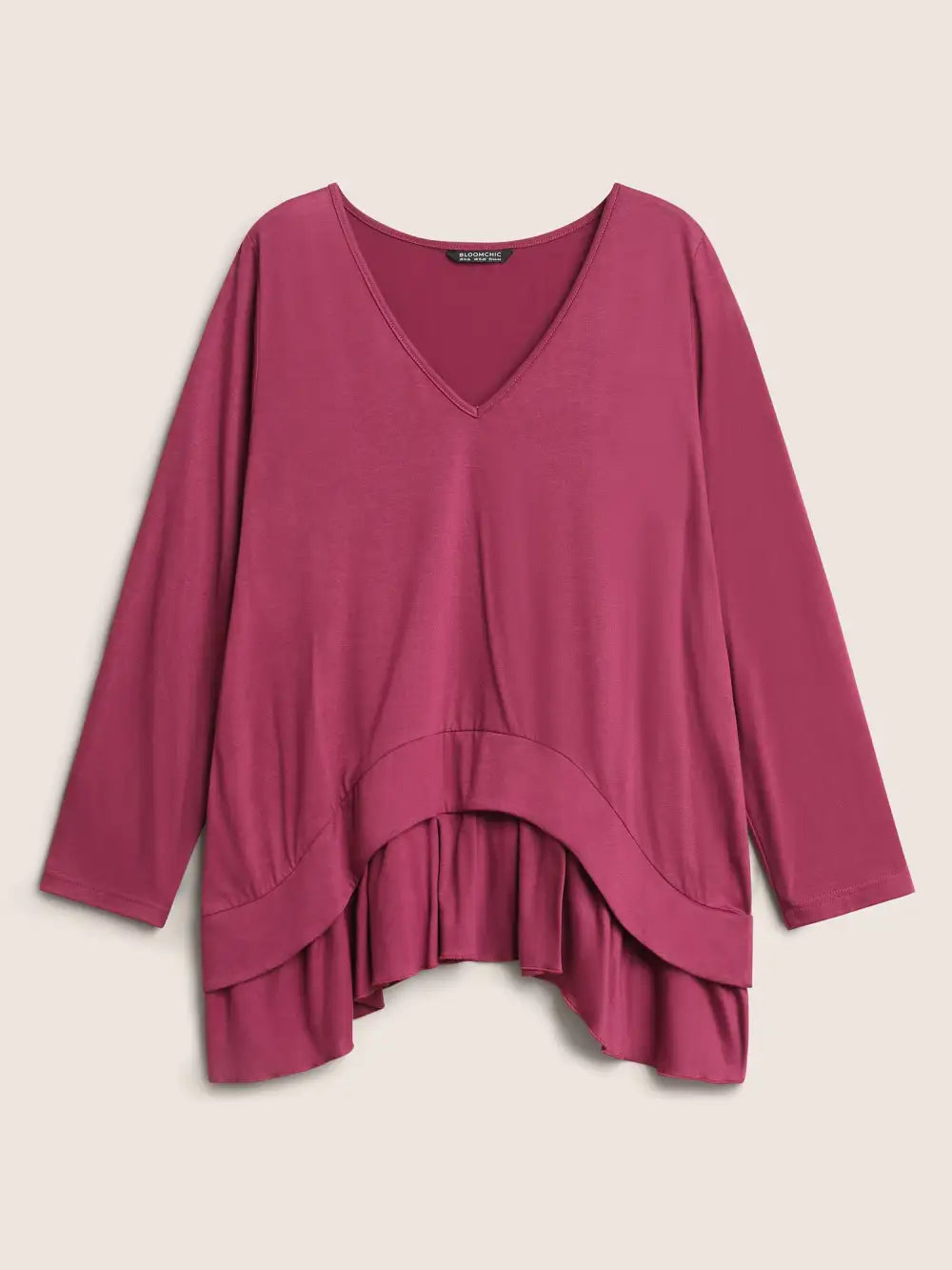 Plain Pleated V Neck Arc Hem T-Shirt