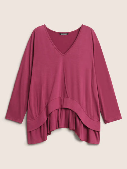 Plain Pleated V Neck Arc Hem T-Shirt