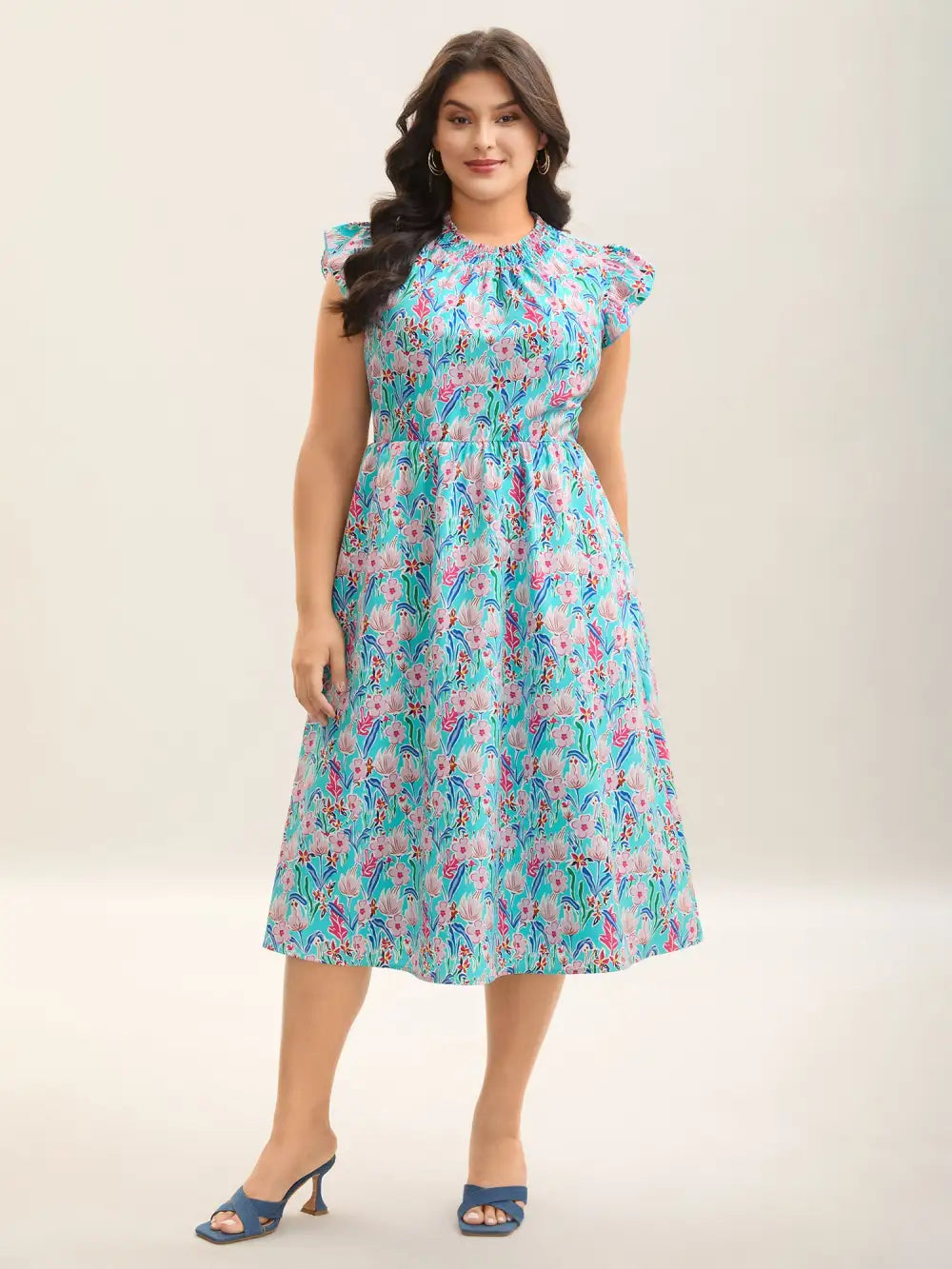 Floral Print Shirred Pockets Midi Dress