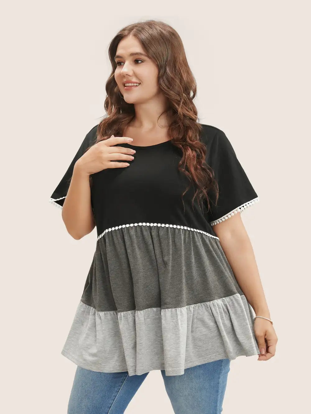 Colorblock Contrast Ruffle Tiered T-Shirt