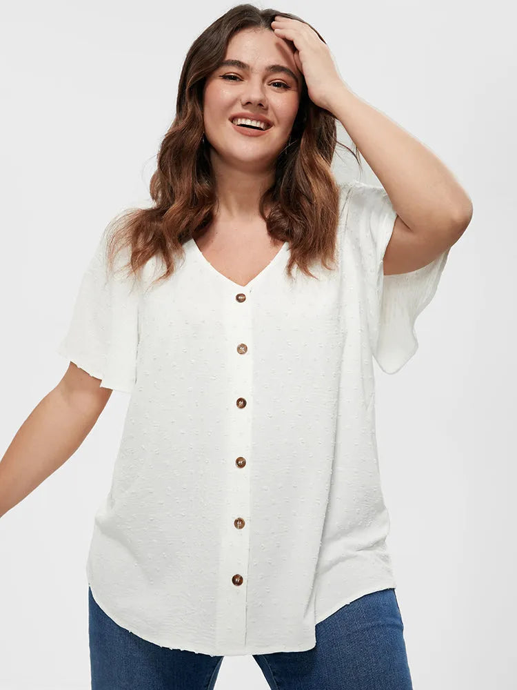 Solid Button V Neck Ruffles Blouse