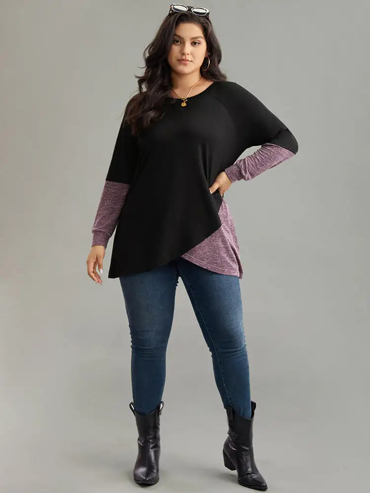 Two Tone Patchwork Heather Arc Hem T-Shirt