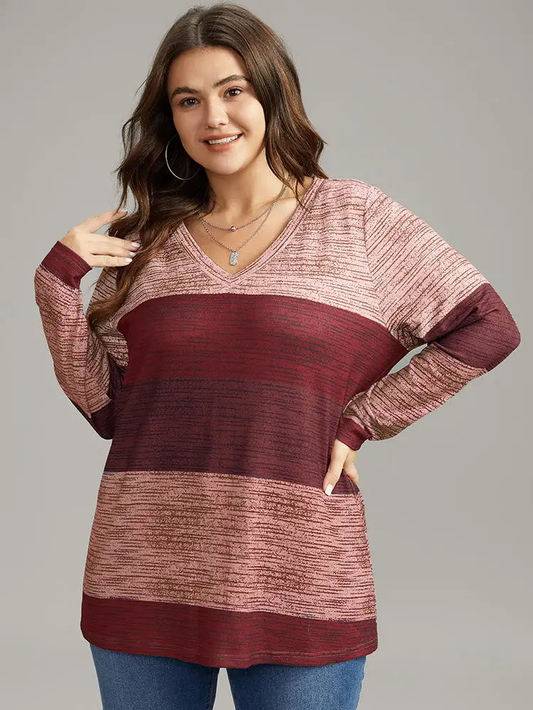 Striped Colorblock Contrast V Neck T-Shirt