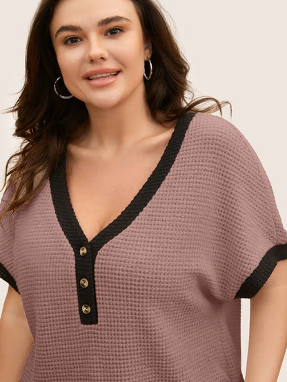V Neck Contrast Button Detail Knit T-Shirt