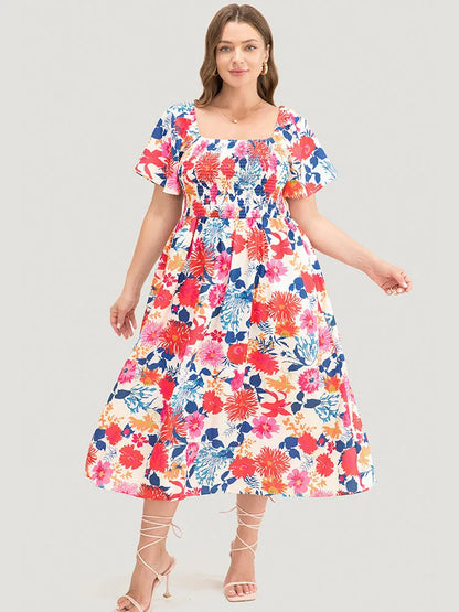 Floral Backless Shirred Square Neck Pocket Ruffle Hem Dress