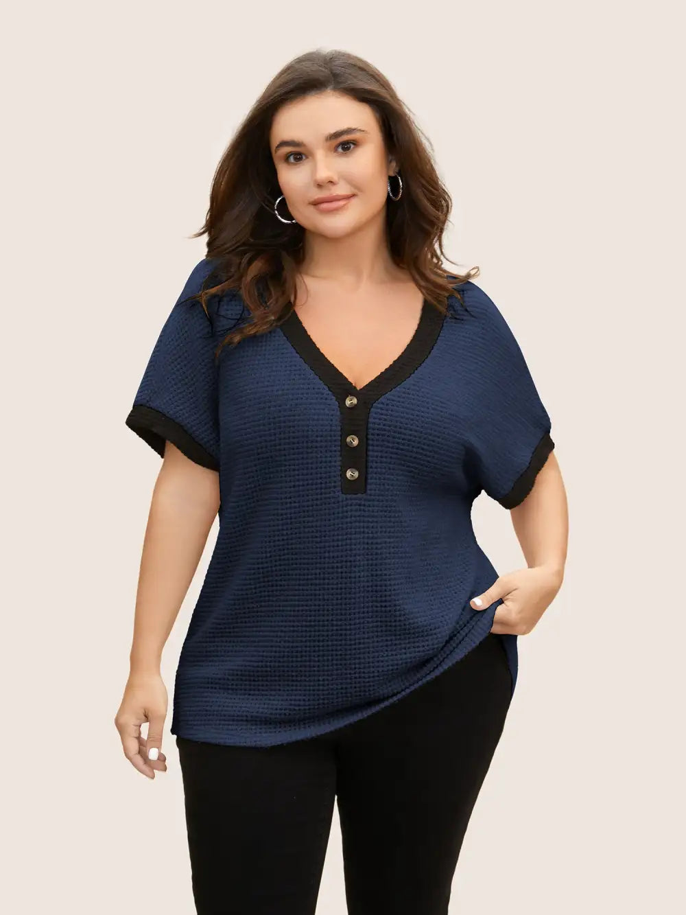 V Neck Contrast Button Detail Knit T-Shirt