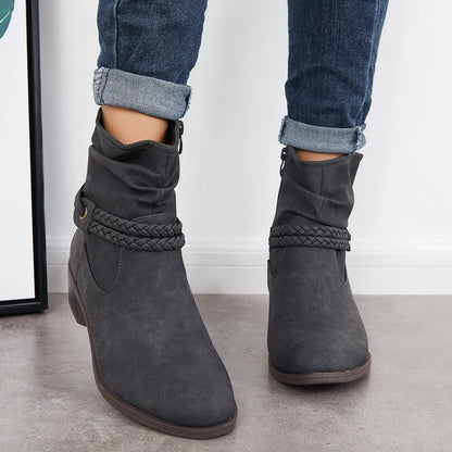 Slouchy Ankle Boots Braided Strap Chunky Block Heel Booties