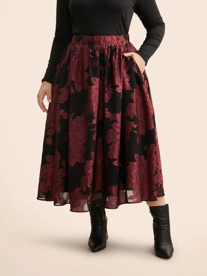 Floral Elastic Waist Pocket Skirt