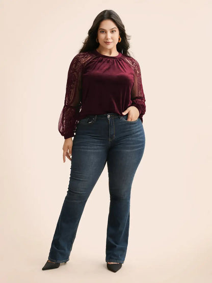 Lace Patchwork Velvet Raglan Sleeve Blouse