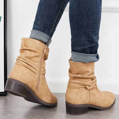 Slouchy Ankle Boots Braided Strap Chunky Block Heel Booties