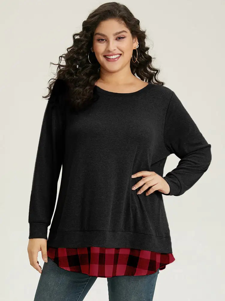 Heather Plaid Patchwork Crew Neck T-Shirt