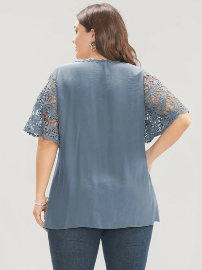 Plain V Neck Floral Patchwork Blouse