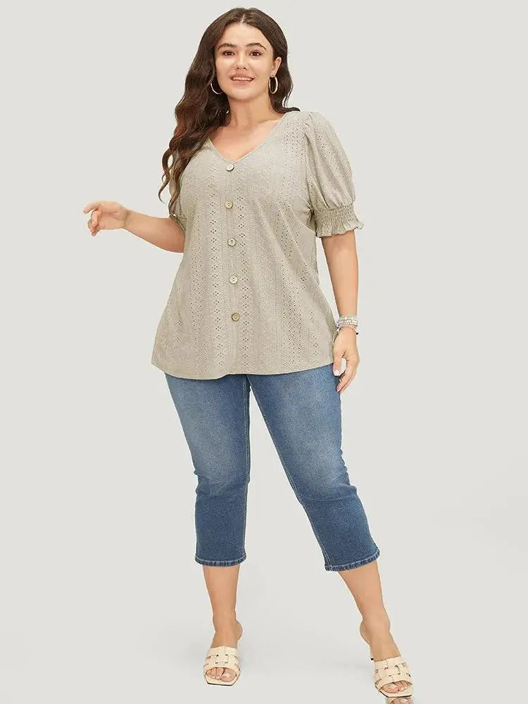 Plain Broderie Anglaise Shirred Puff Sleeve Button Detail T-shirt