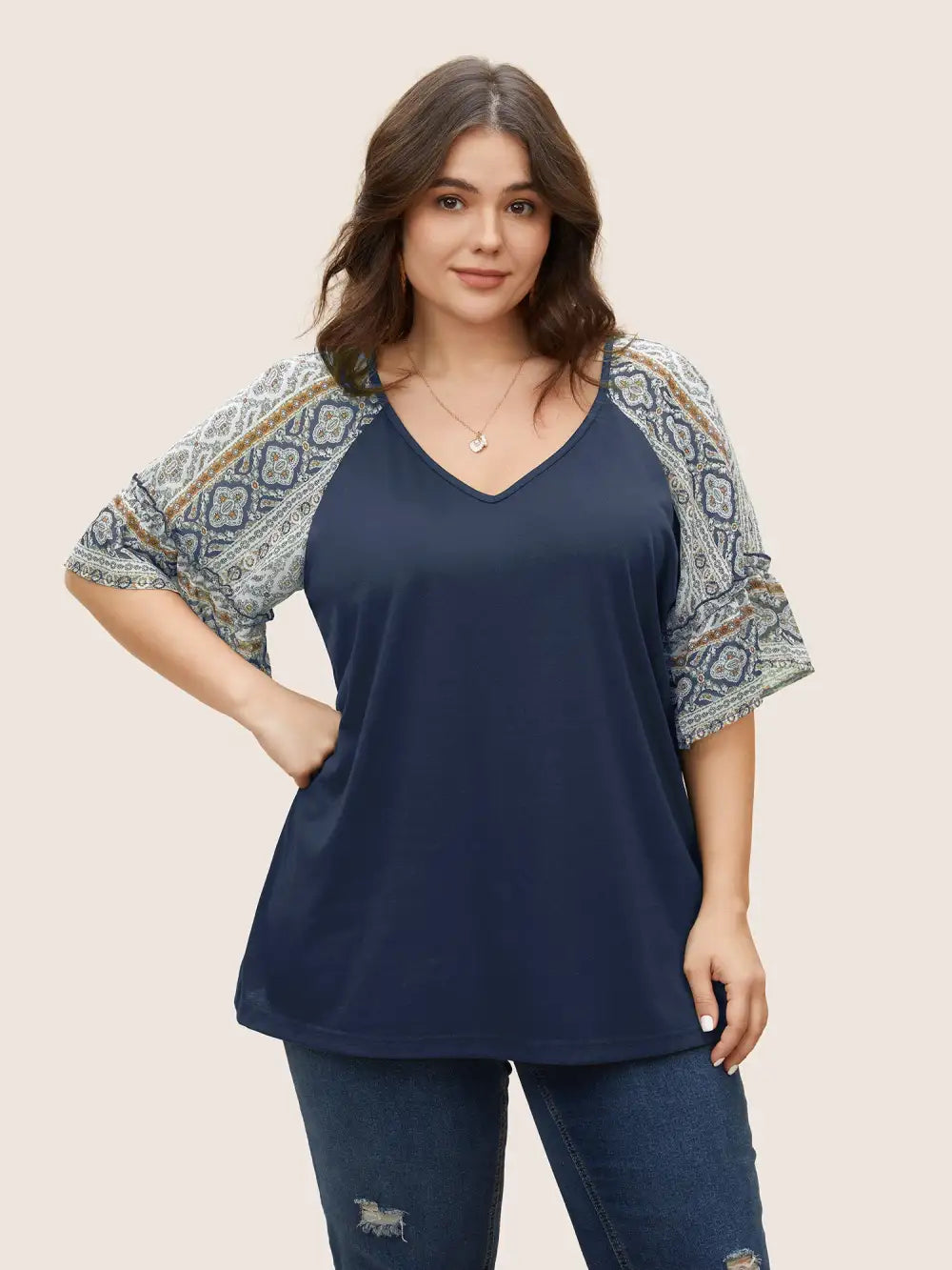 Boho Print Patchwork Raglan Sleeve T-Shirt
