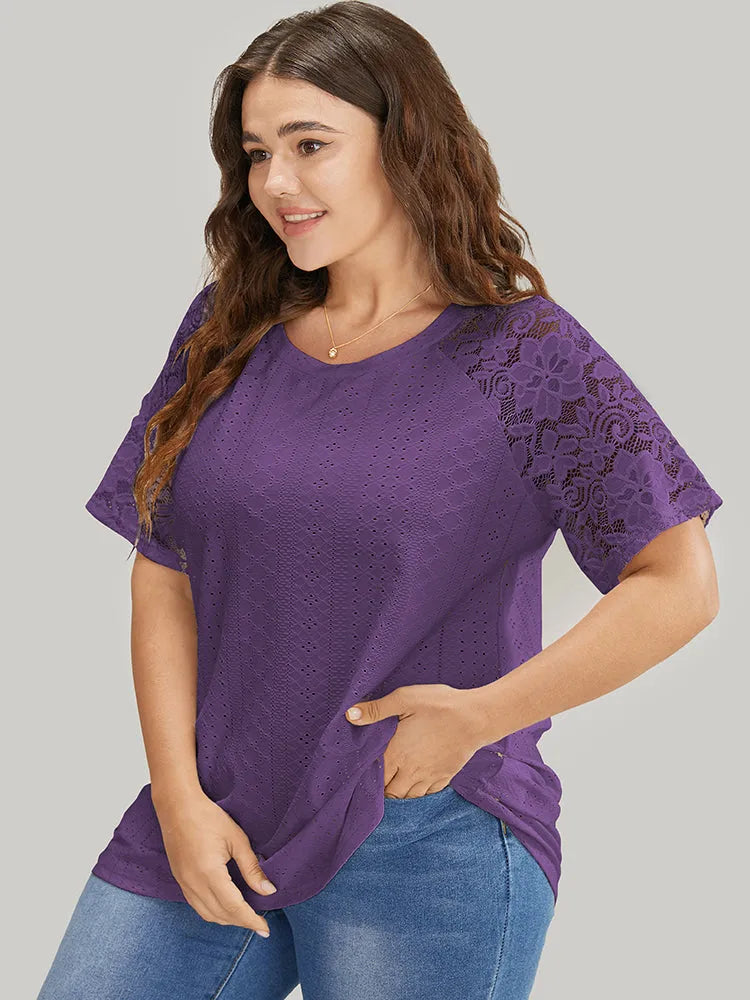 Solid Broderie Anglaise Lace Raglan Sleeve T-shirt
