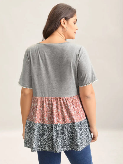 Ditsy Floral Print Patchwork Layered T-Shirt