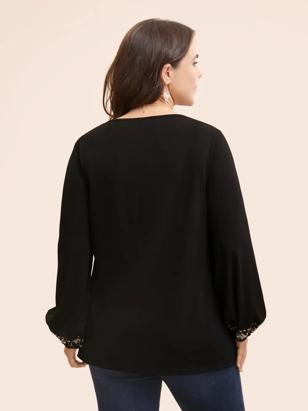 Floral Embroidered Knot Neck Lantern Sleeve T-Shirt