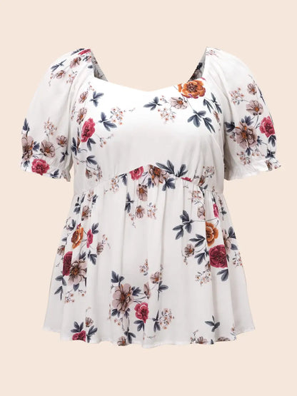 Floral Print Square Neck Gathered Puff Sleeve Blouse