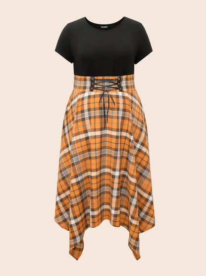 Elastic Plaid Asymmetrical Hem Dress