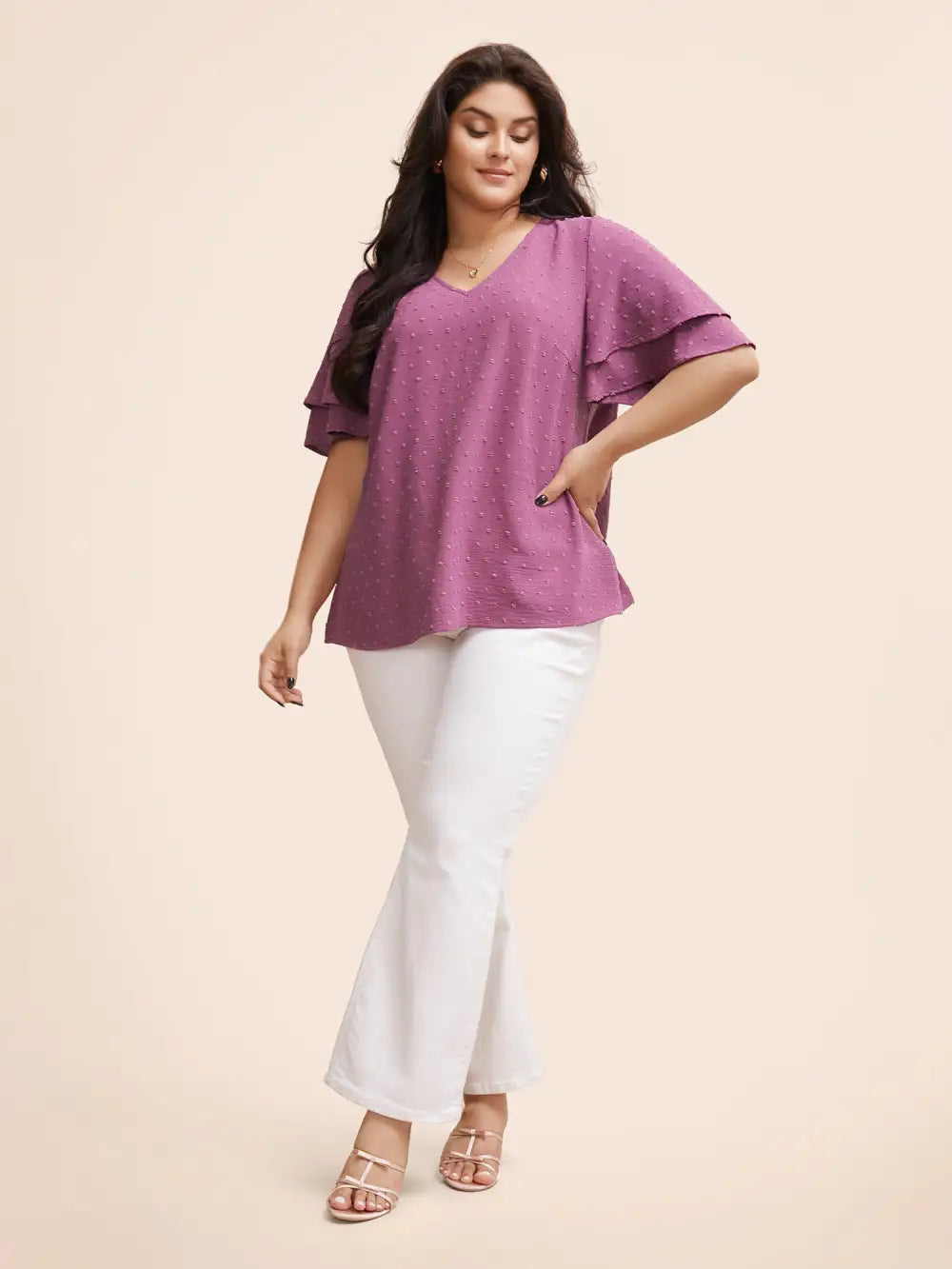 Plain Ruffle Tiered Sleeve V Neck Polka Dot Blouse